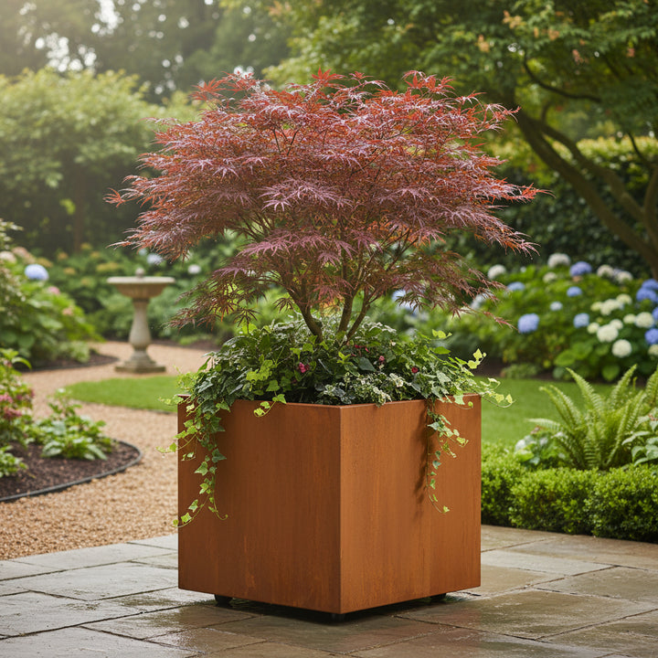 Corten square planter w/ wheels