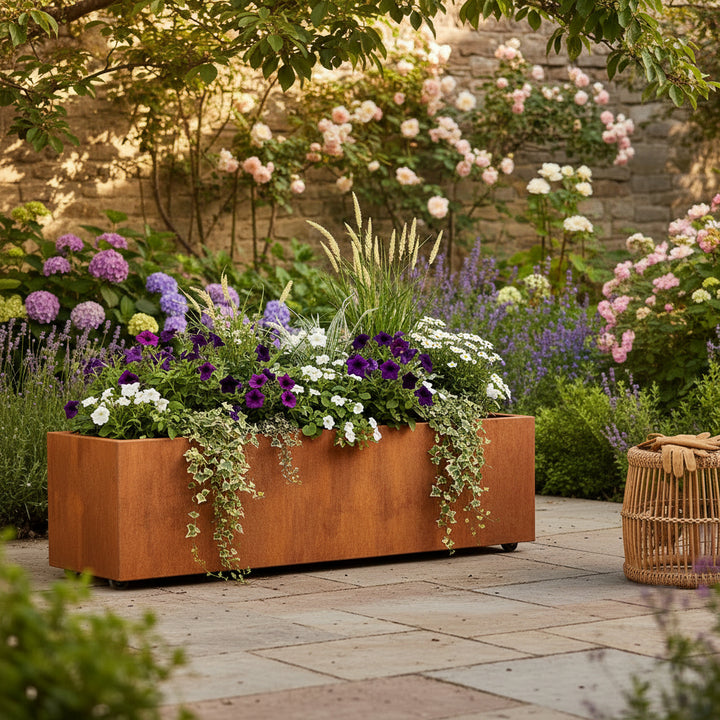 Corten rectangle planter w/ wheels