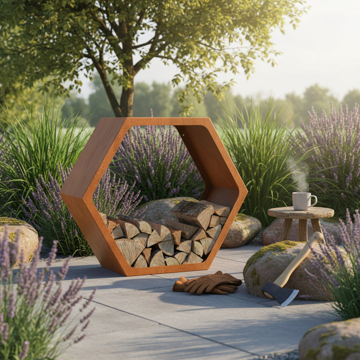 Corten hexagon wood storage